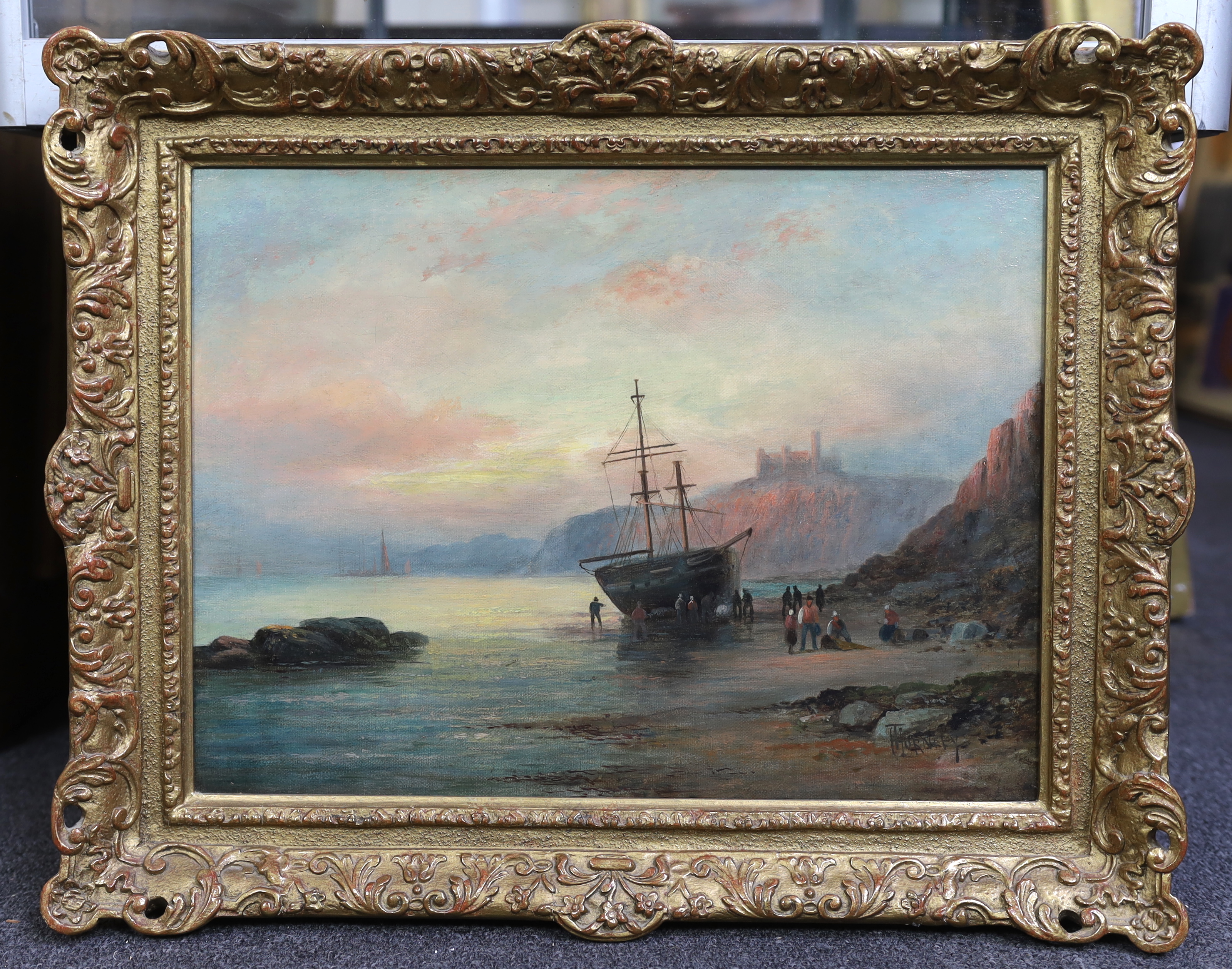 Hubert Thornley (William Anslow Thornley) (fl.1859-1898), Beached ship on the shore near Whitby, oil on canvas, 30 x 40cm